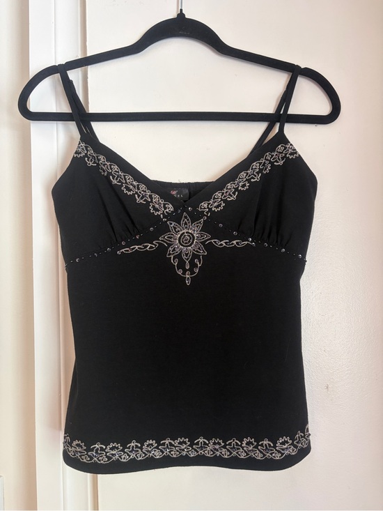 Vintage Tops - Vintage Y2K Black Linen Tank with Silver beaded and embroidered medallion design